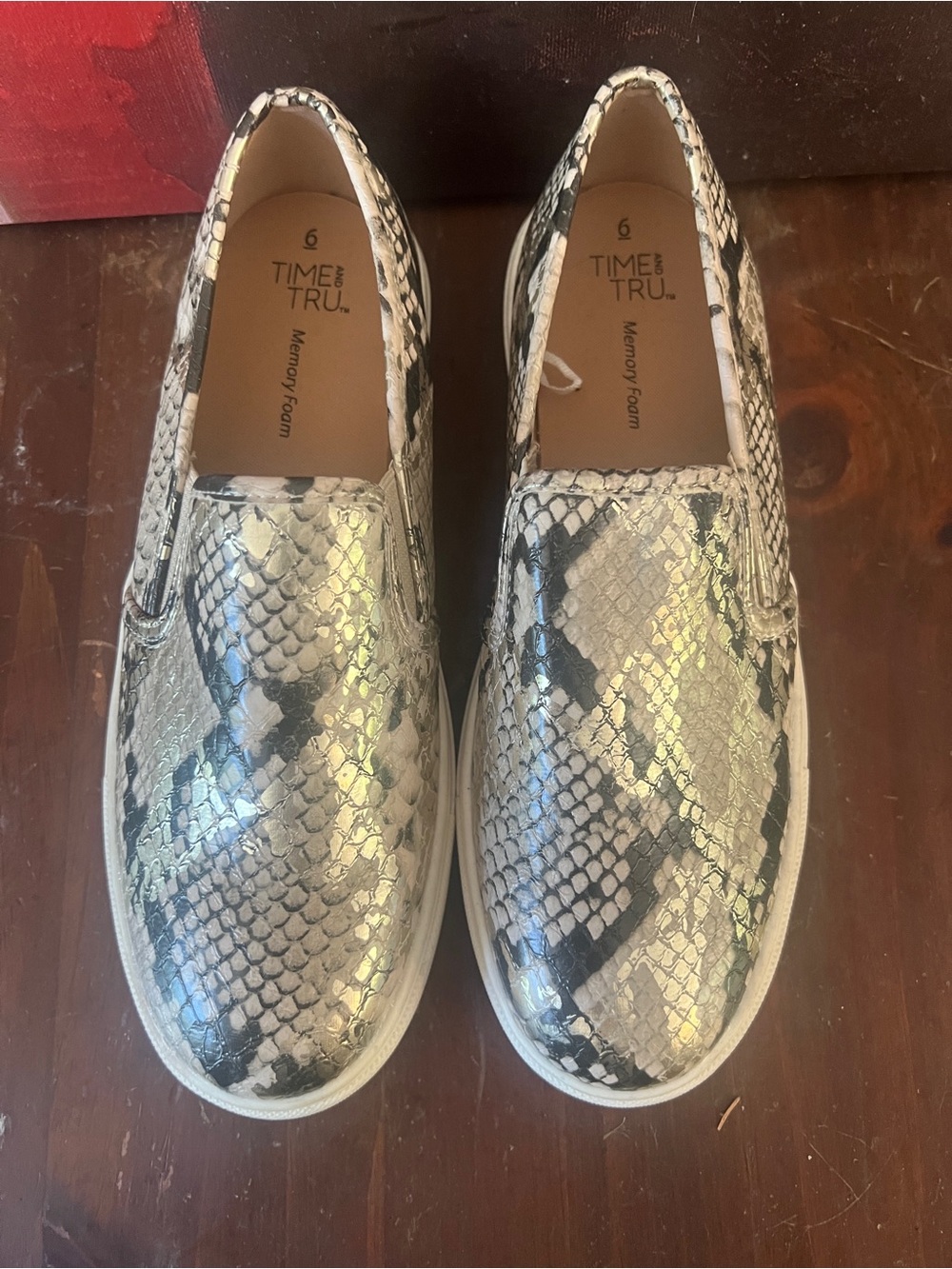 Time and Tru Kids' Silver Snake-Print Slip-On Sneakers